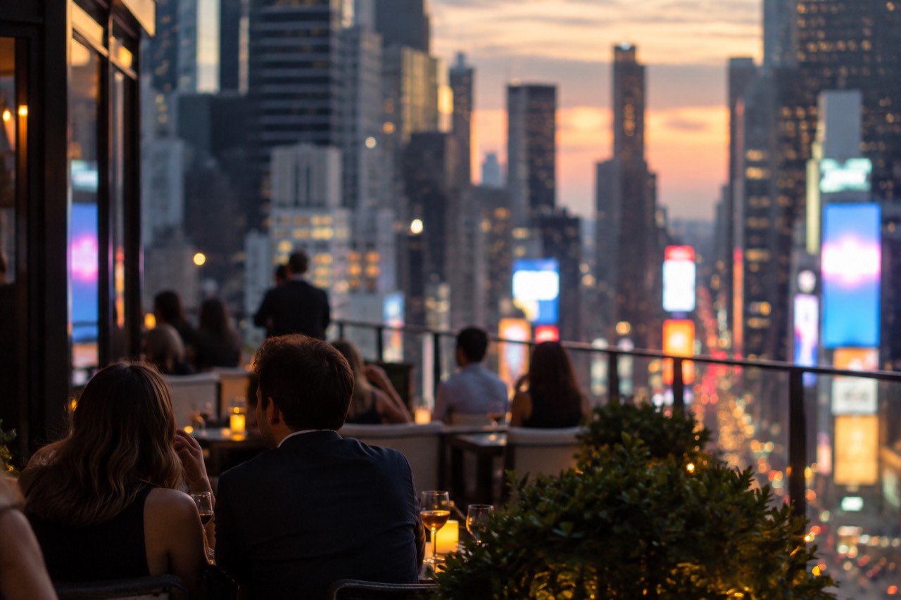 A rooftop bar terrace at dusk with the glowing billboards of Times Square spread out below.