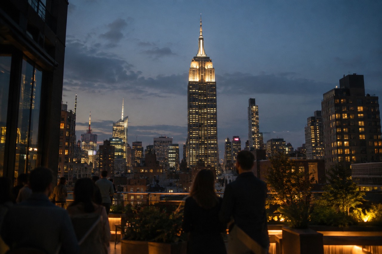 The Empire State Building lit at night, seen from a rooftop terrace in Midtown Manhattan
