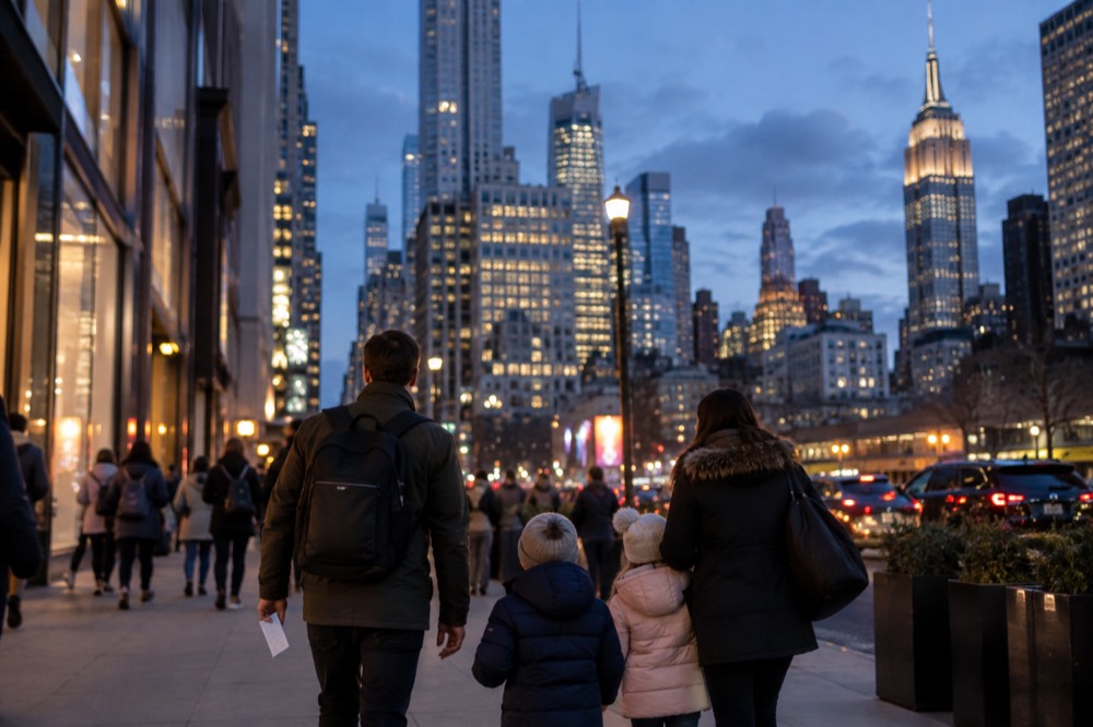 A family walking along a busy New York sidewalk with a pass ticket in hand