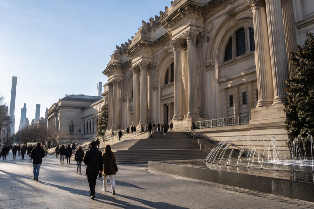 Visitors walking past the Metropolitan Museum of Art on Fifth Avenue on a bright morning