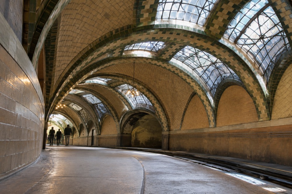 Arched tiled vaults and skylights of the ornate former City Hall subway station in New York
