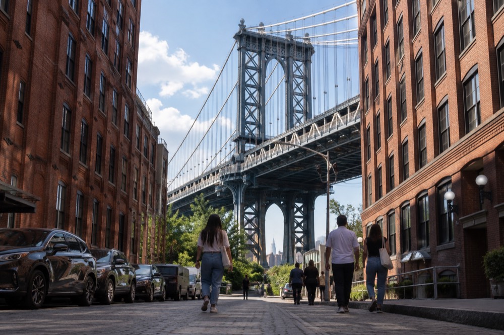 People walking on a cobblestone Dumbo street with the Manhattan Bridge overhead