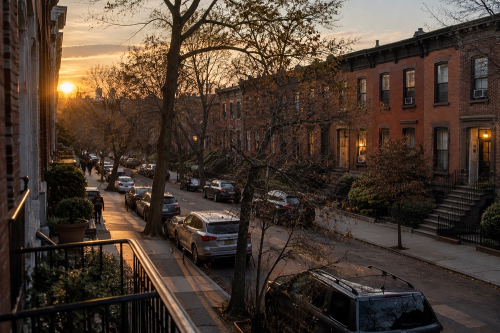 Row houses on a quiet Brooklyn side street at dusk
