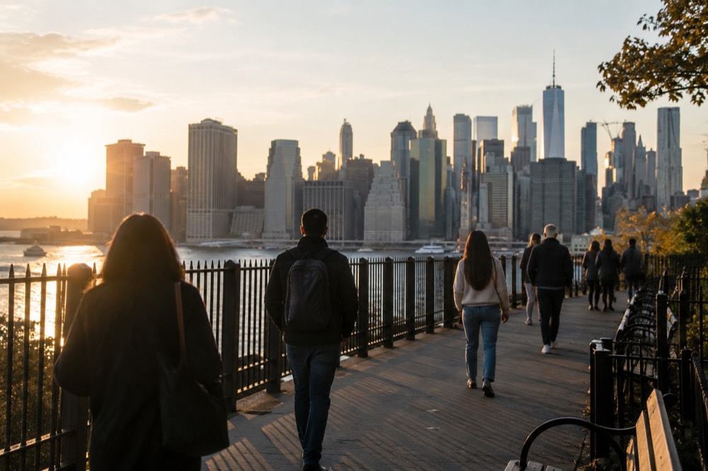 People walking along the Brooklyn Heights promenade with the Manhattan skyline behind them