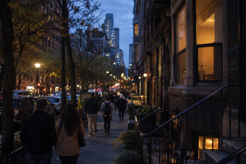 Visitors walking along a tree-lined avenue with small shops in a Rochester neighborhood district