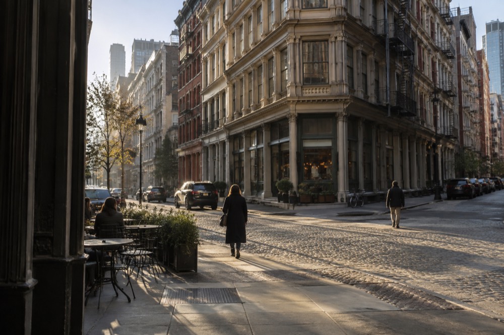 A historic TriBeCa street corner with cast-iron architecture and a restaurant awning in late afternoon light