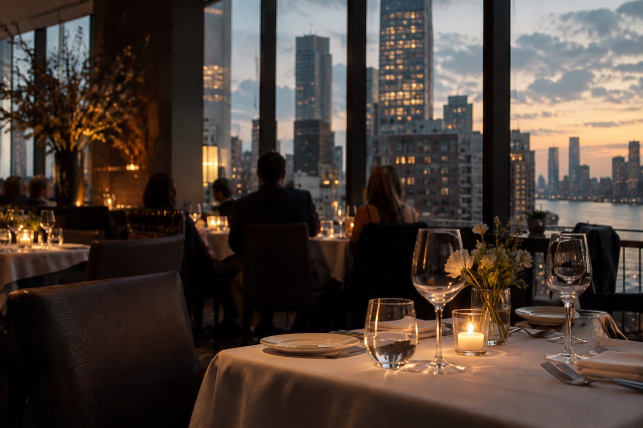 A candlelit dining room with linen-covered tables and downtown Manhattan evening light through tall windows