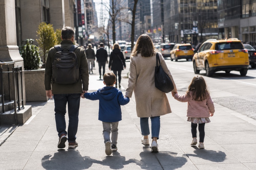 A family with two children walking along a wide New York City sidewalk with yellow taxis and tall buildings behind them