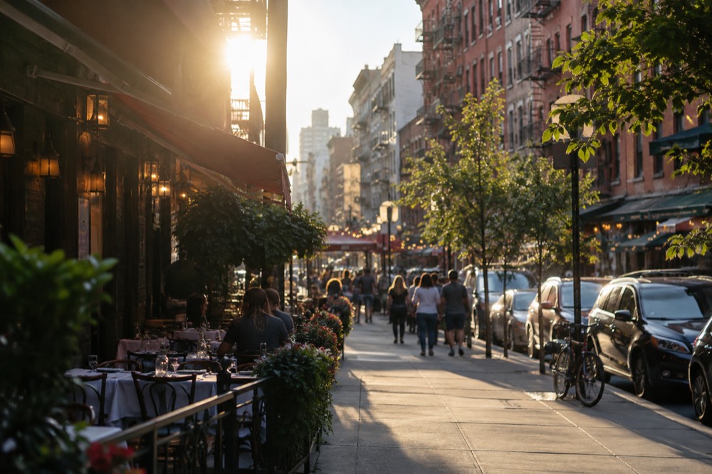 Mulberry Street in Little Italy lined with Italian restaurants with sidewalk tables