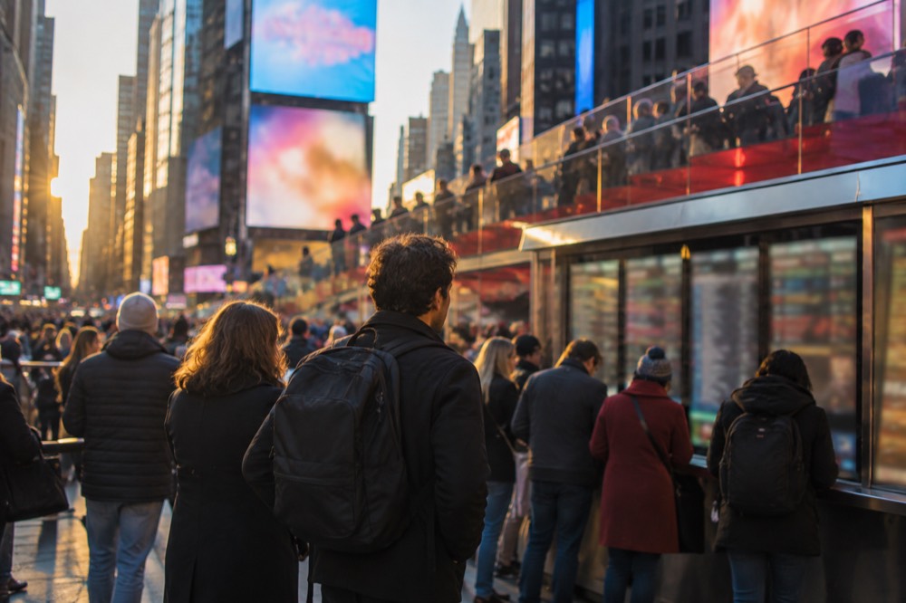 A TKTS discount ticket booth with a crowd of theatergoers reading the show board