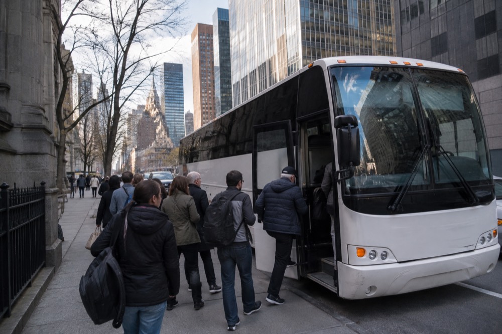 A coach bus parked on a Manhattan side street with skyscrapers behind it, passengers boarding for a day trip
