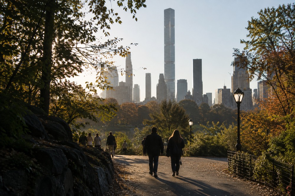 People strolling along a wide park path with the Manhattan skyline in the background