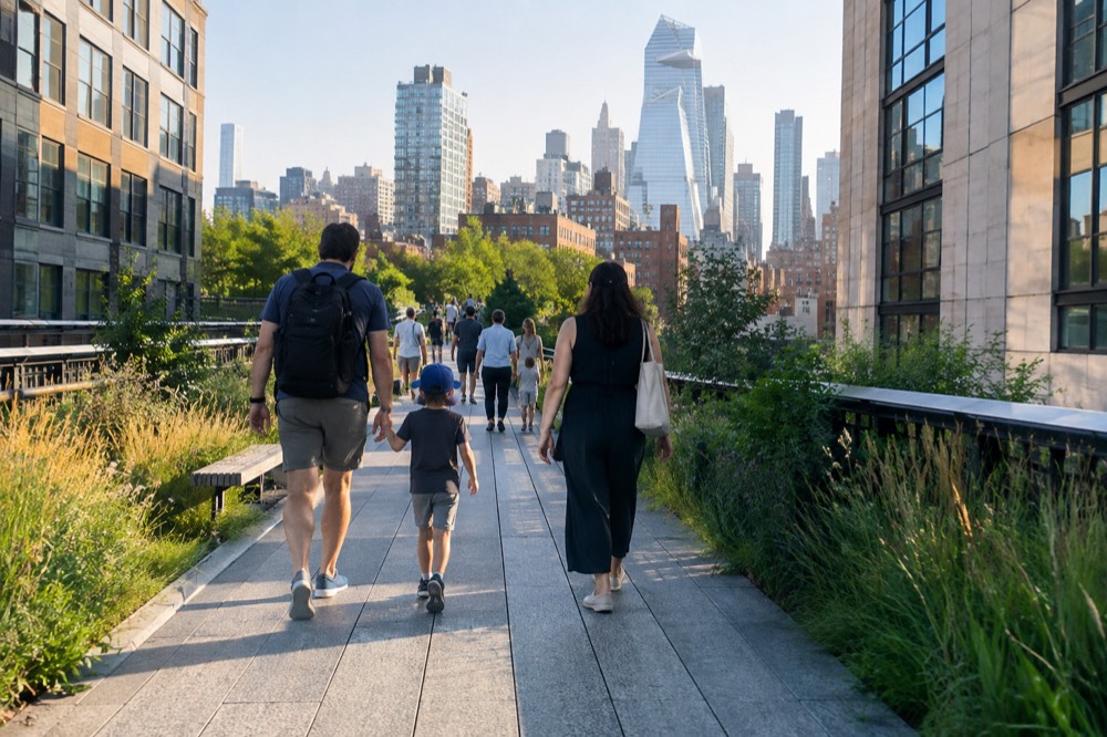 Families walking along the High Line elevated park in Manhattan on a busy afternoon