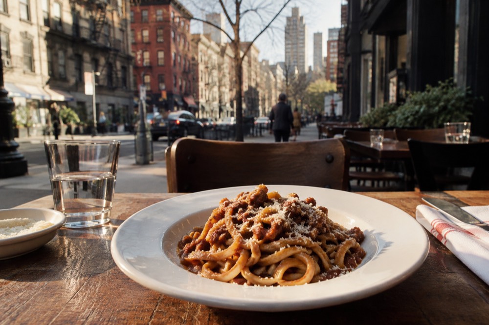 A plate of pasta served at a small downtown Manhattan Italian restaurant