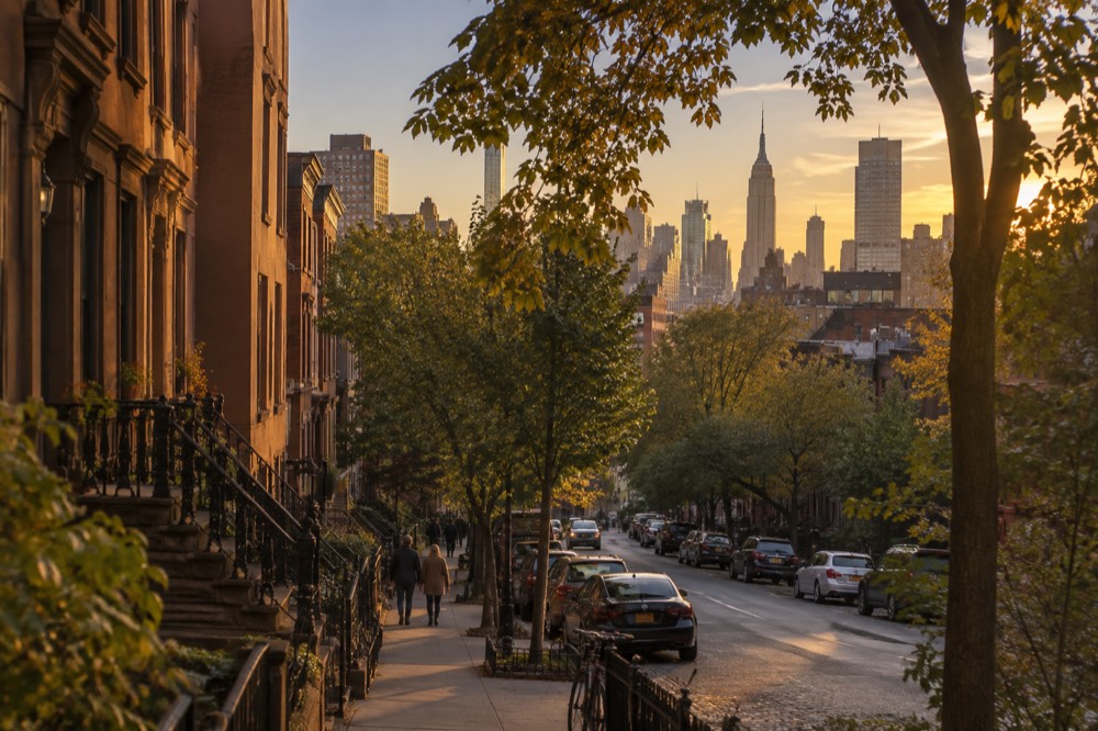 A quiet tree-lined brownstone street in Greenwich Village contrasting with the midtown skyline in the distance