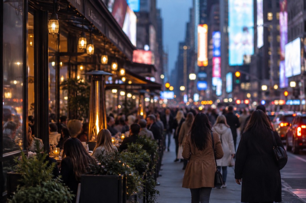 A busy restaurant street in the New York Theater District at dusk, with lit marquees visible in the background