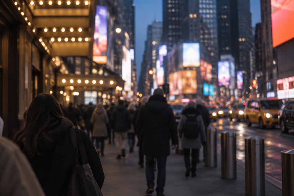 A busy Theater District sidewalk at dusk with theater marquees glowing and diners heading to restaurants