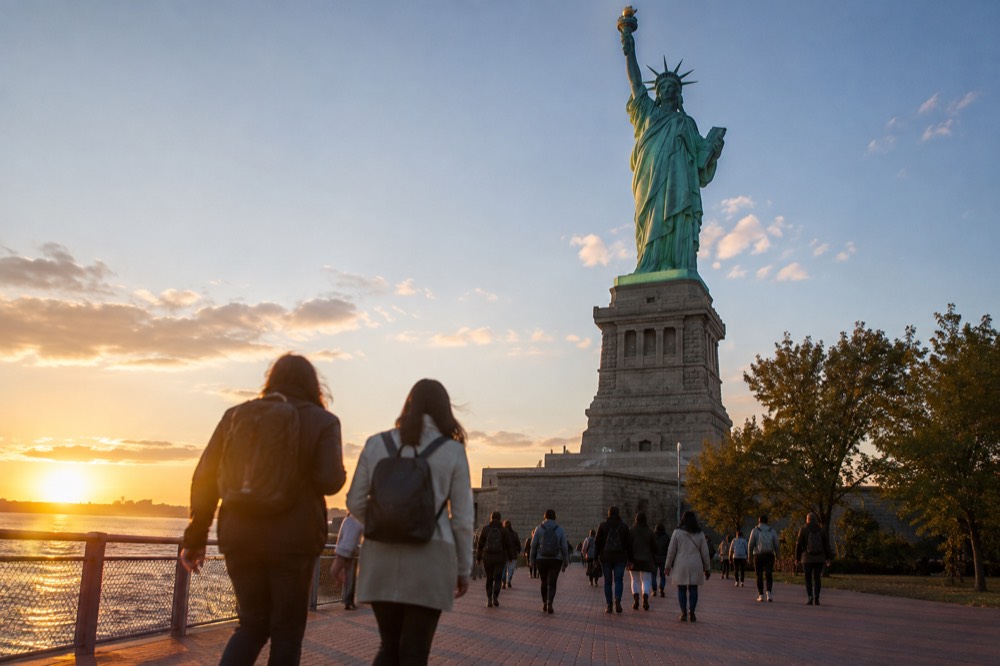 Visitors walking the grounds of Liberty Island with the Statue of Liberty rising above them