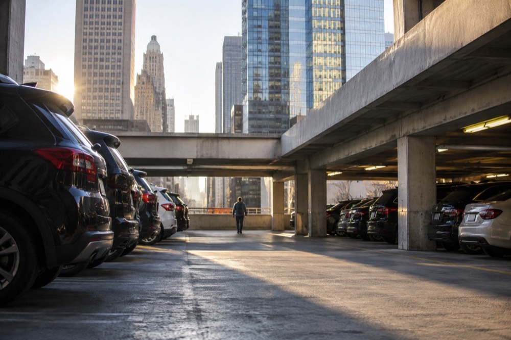 Rows of cars in a multi-level parking garage beneath New York skyscrapers