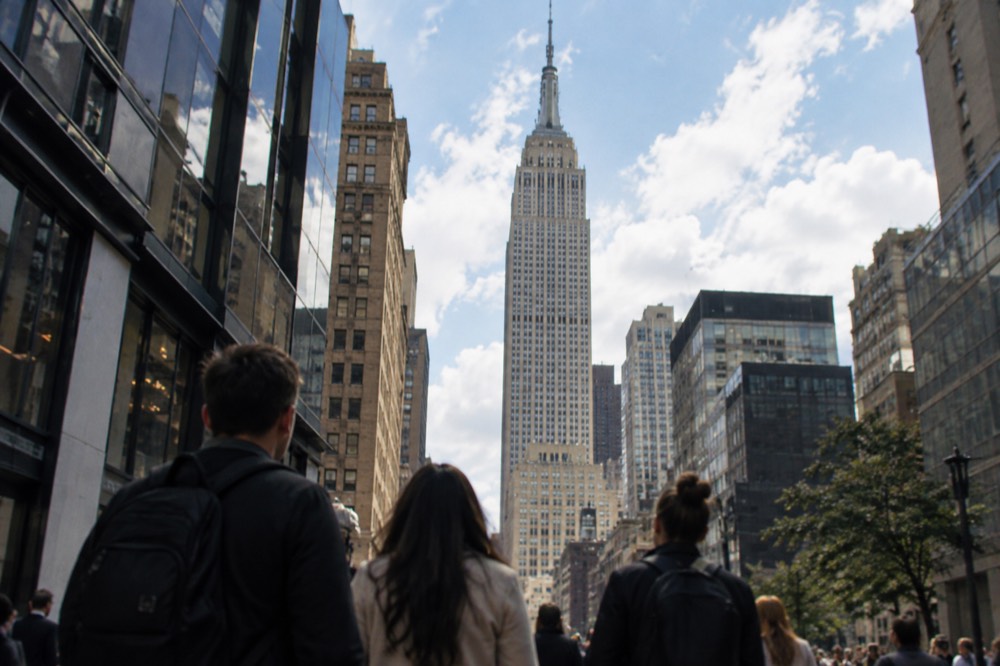 Visitors looking up at the Empire State Building from a Midtown street on a bright afternoon