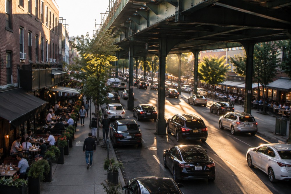 Evening light on a busy restaurant street in Astoria with tables set outside and the elevated tracks above