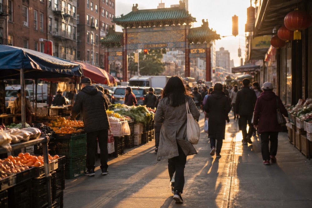 A busy Chinatown street market with produce stalls and shoppers under a tiled archway
