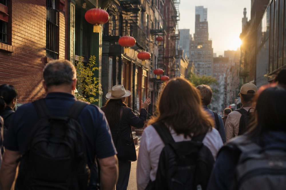 A guided tour group walking down a narrow Chinatown street with a guide talking at the front