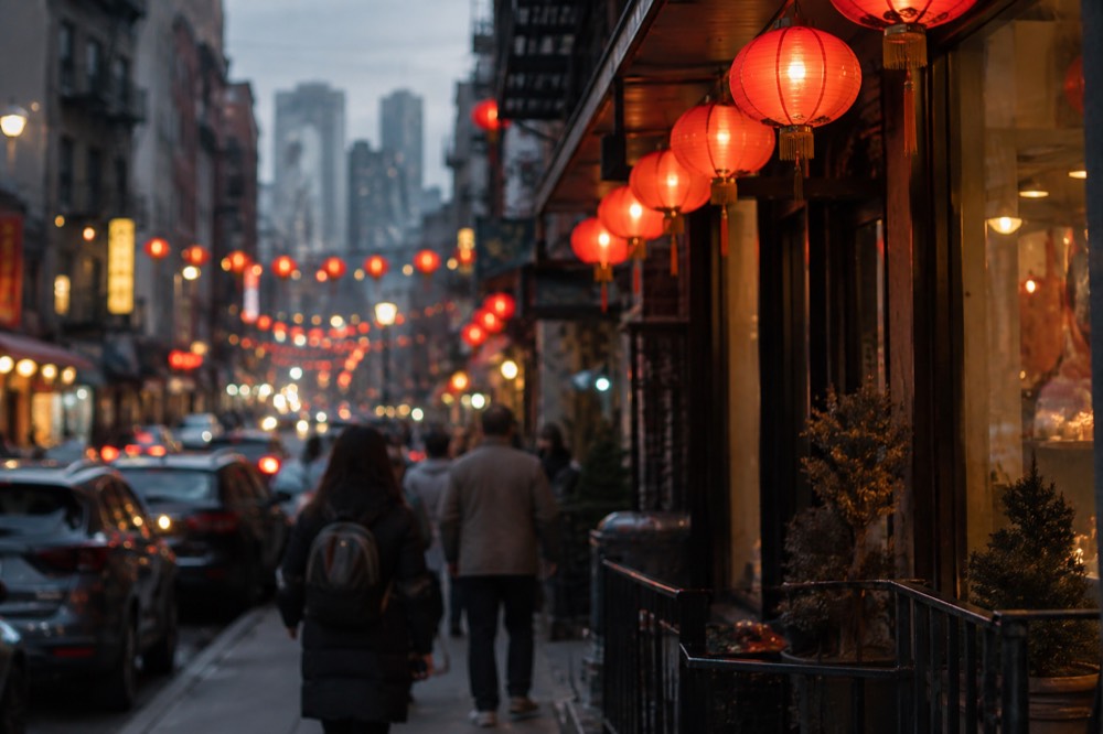 Chinatown street at dusk with red lanterns and lit shop signs above the sidewalk