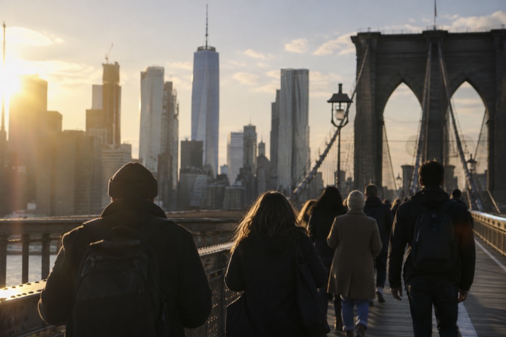 Pedestrians crossing the Brooklyn Bridge wooden promenade with the Manhattan skyline behind
