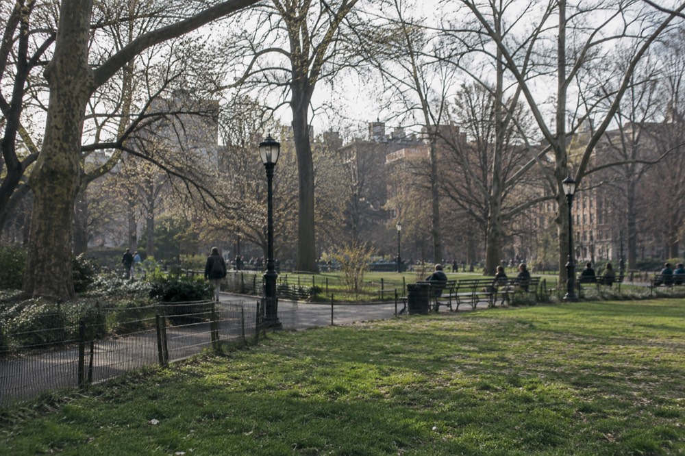 Morning light on Tompkins Square Park with lawns, trees and people on benches