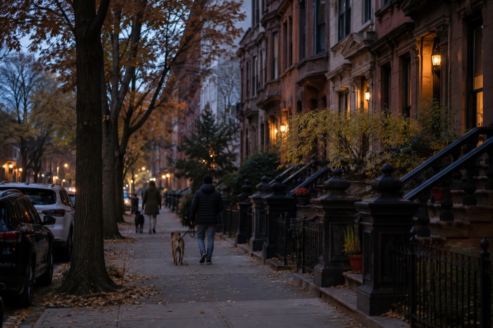 Autumn leaves along a Harlem brownstone block with residents walking dogs