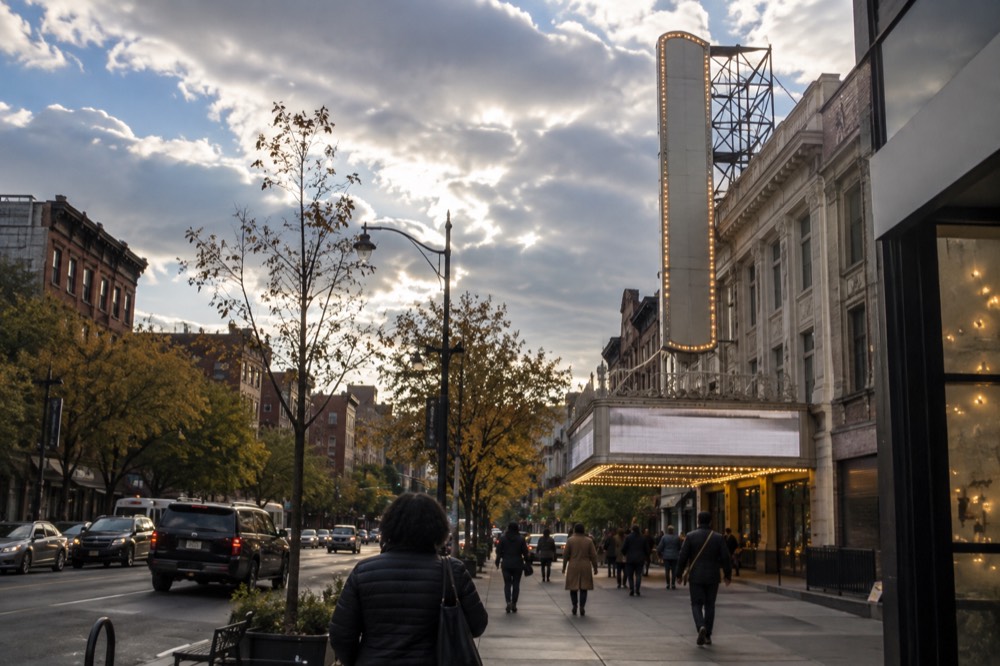 The Apollo Theater marquee on 125th Street lit up in the early evening