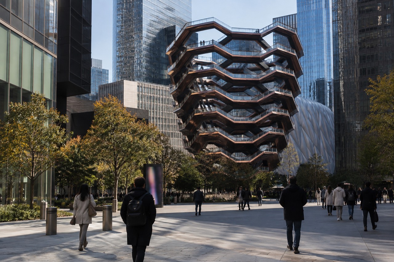 Modern glass towers rising above the Hudson Yards plaza on Manhattan's west side