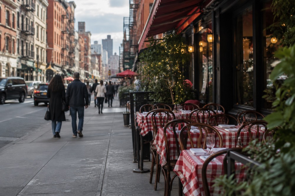 Mulberry Street in Little Italy with restaurant awnings and outdoor tables