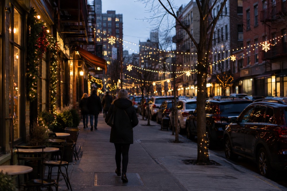 Holiday lights strung across a Little Italy street in December