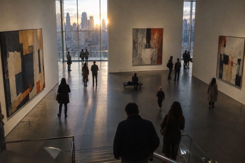 A museum gallery with modern paintings and a slow-moving crowd of visitors
