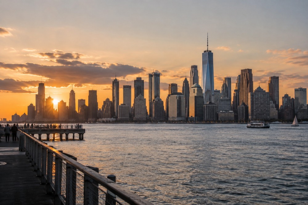 The Manhattan skyline seen at golden hour from across the water