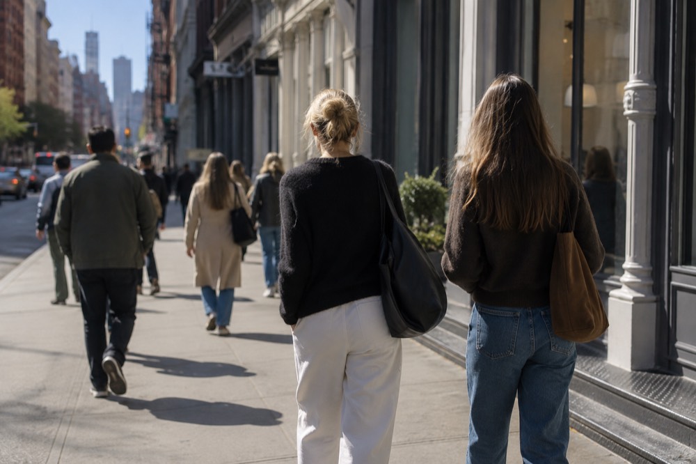 Shoppers walking along Broadway in SoHo past large flagship stores