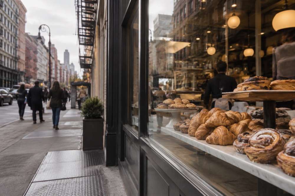 Bakery counter with pastries on a SoHo corner street