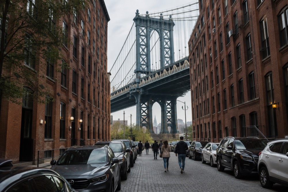 The Washington Street view in Dumbo framing the Manhattan Bridge between brick warehouse walls