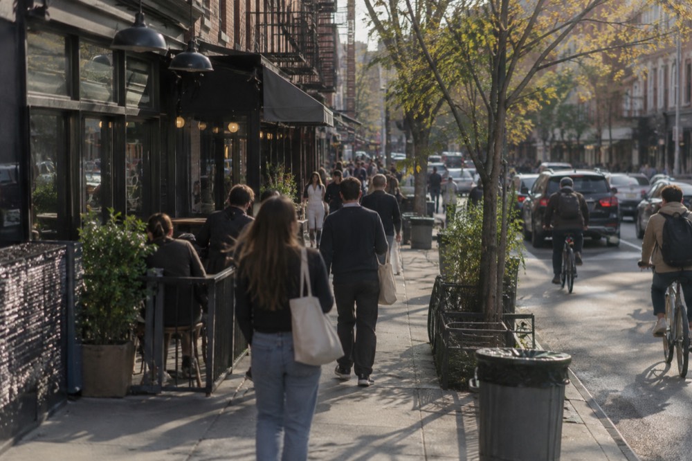 Shoppers and cyclists on a busy Bedford Avenue block in Williamsburg on a sunny afternoon