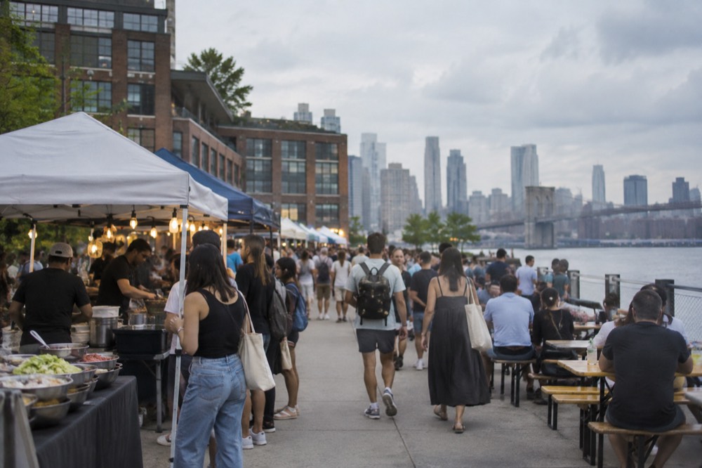 Riders and food stalls along a crowded Brooklyn waterfront market in summer