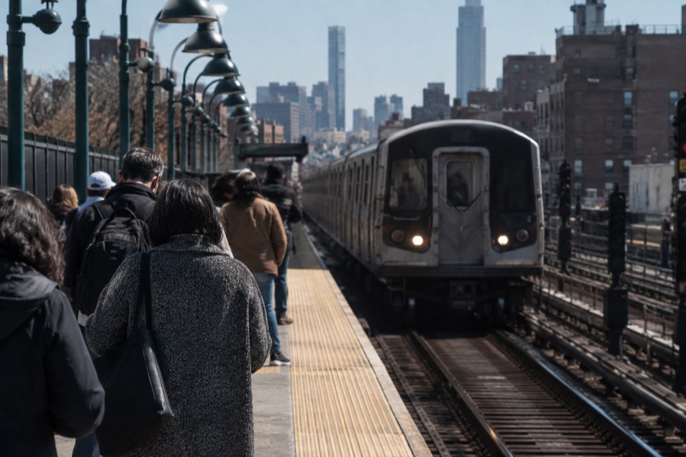 A subway platform in Brooklyn with an arriving train and passengers waiting