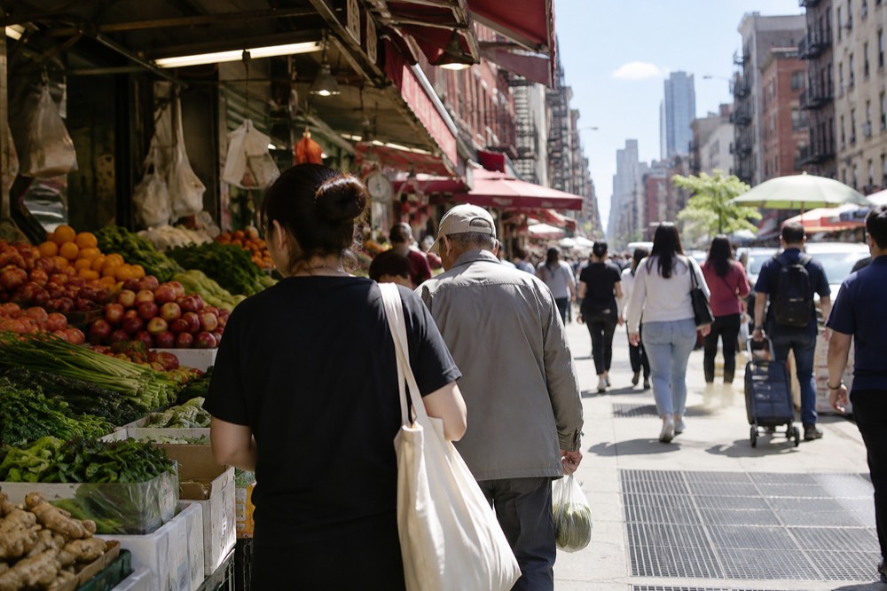People walking through a busy Chinatown street market with produce stalls
