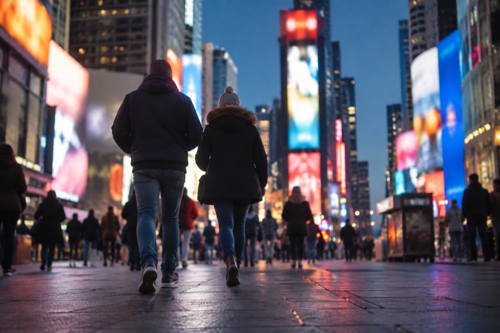 A brightly lit Times Square at night with crowds and billboards