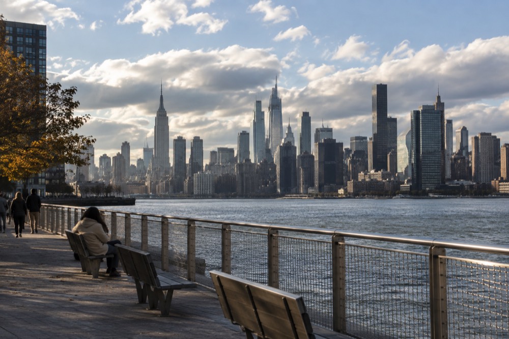 View of the Manhattan skyline from a waterfront park in Long Island City, Queens