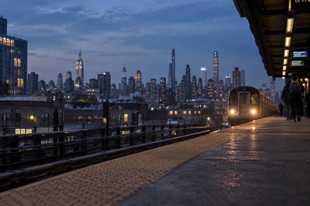 Elevated 7 train platform in Queens with the Manhattan skyline behind it