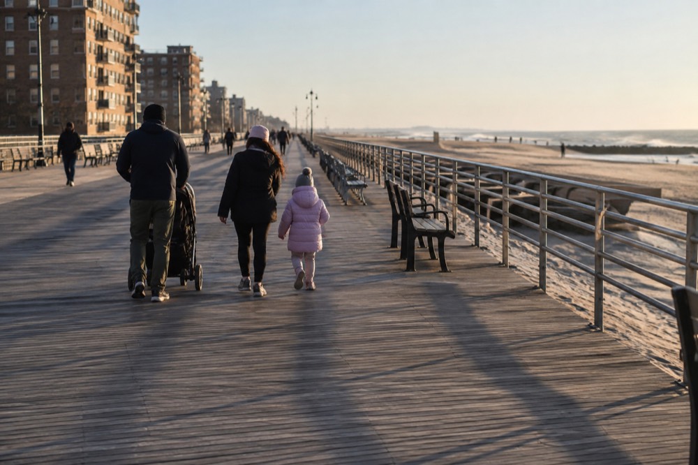 Families walking on a boardwalk at Rockaway Beach in Queens