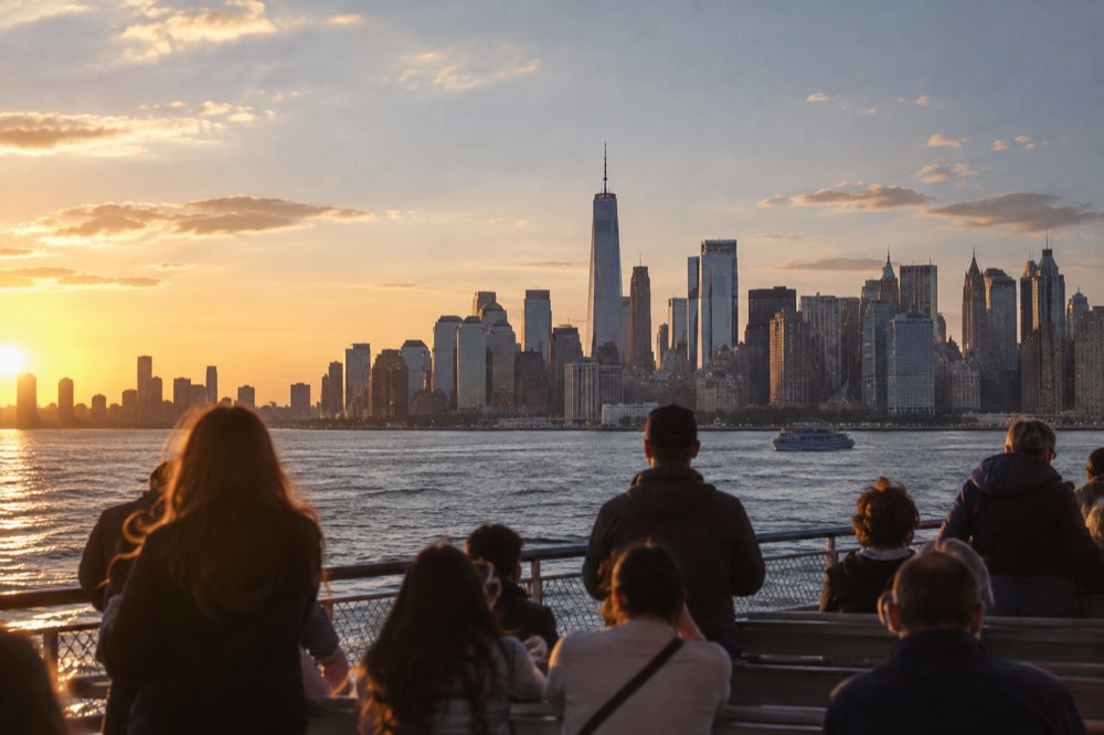 The Manhattan skyline at sunset seen from the upper deck of a ferry crossing the harbor