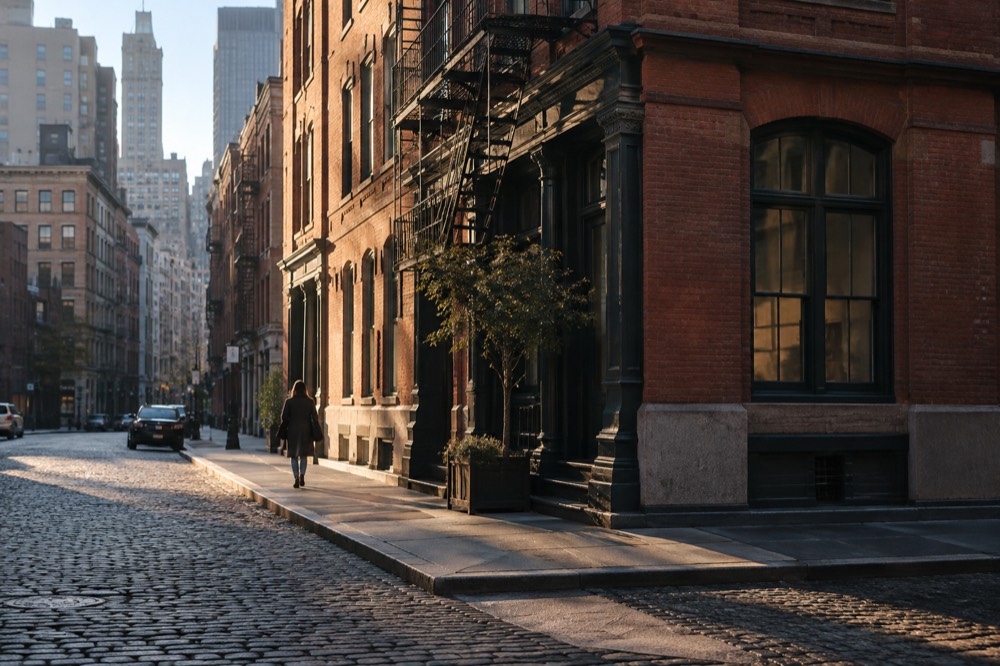 A cobblestone Tribeca corner with an old brick loft building and empty sidewalk